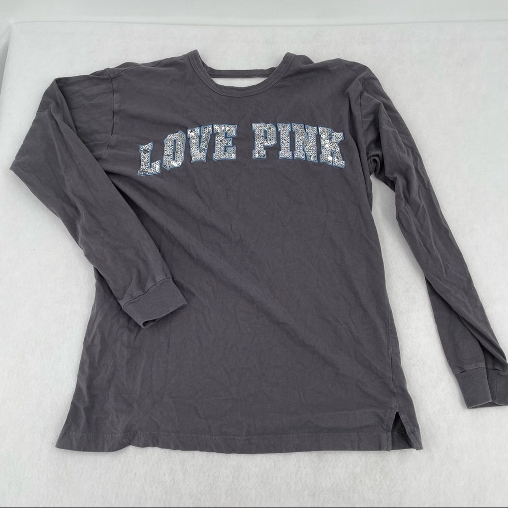 PINK VICTORIA SECRET Long Sleeved Sequence Logo T-Shirt back cutout size Small